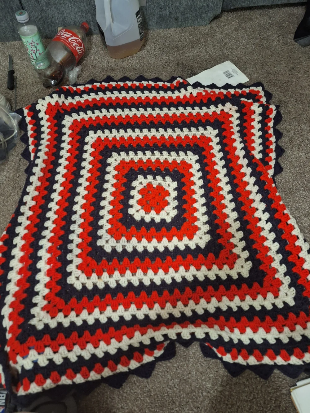 Handmade Crochet Square Quilt - Red, Cream & Navy